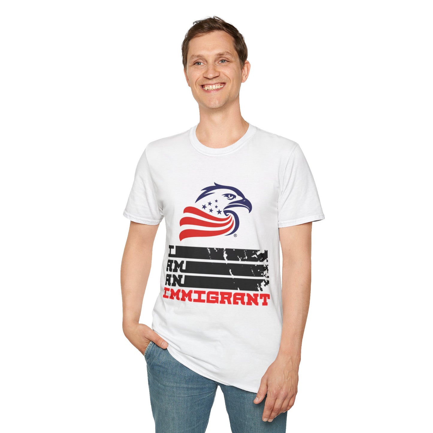 Proud Immigrant Unisex Softstyle T-Shirt, Patriotic Apparel, Equality Statement Tee, Independence Day Gear, Gift for Activists