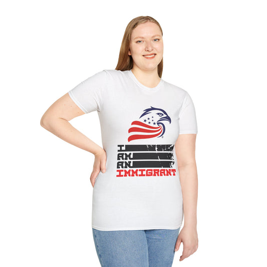 Proud Immigrant Unisex Softstyle T-Shirt, Patriotic Apparel, Equality Statement Tee, Independence Day Gear, Gift for Activists